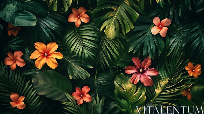 Tropical Garden Symphony: Coral Flowers Against Emerald Foliage.