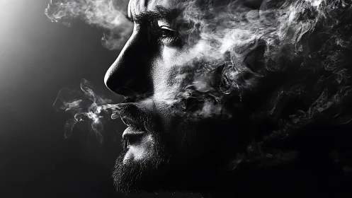 Monochrome male profile partially obscured by exhaled smoke.