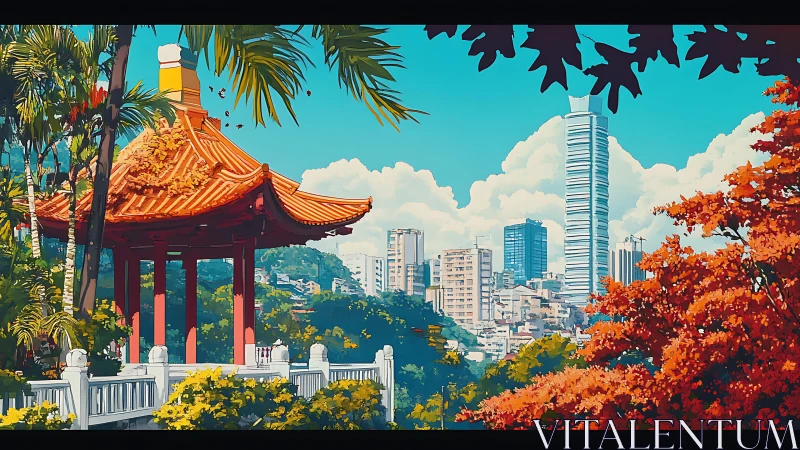 Pagoda skyline interface with layered urban-ecological depth.