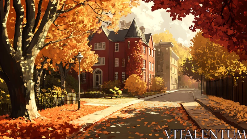 Autumn city street with red townhouse and golden trees.