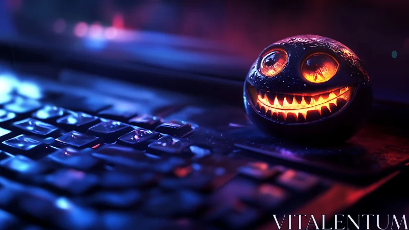Glowing jack-o-lantern sphere rests on keyboard in neon light