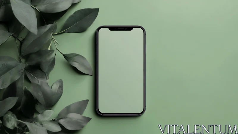 Smartphone rests on green background with leafy decor.