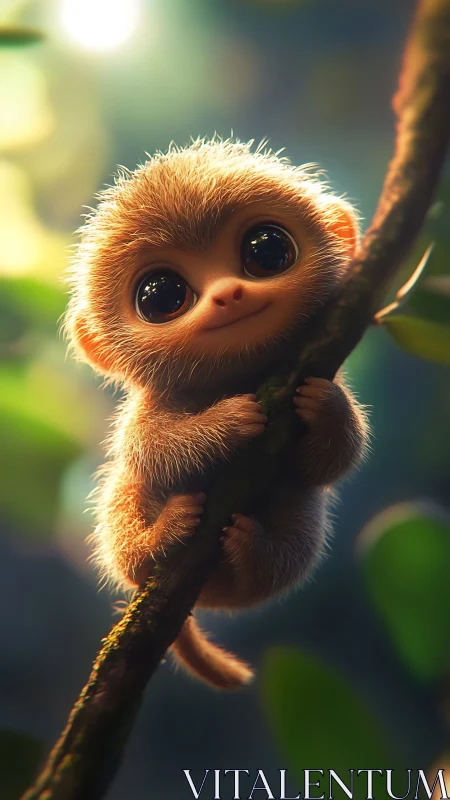 Tiny golden-furred primate clings to branch in soft bokeh light.