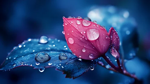 Crimson leaf macro with crystal raindrops on cyan foliage.