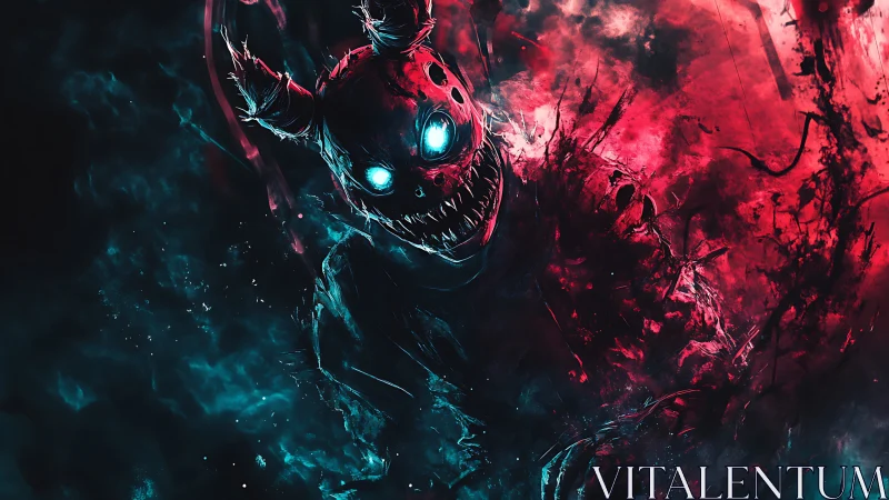 Bioluminescent demon wraith in cyan red volumetric nebula