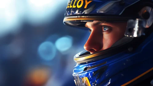 Photorealistic profile study of focused racing driver portrait.