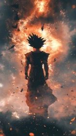 Fiery anime warrior ascending amid swirling cosmic blast.