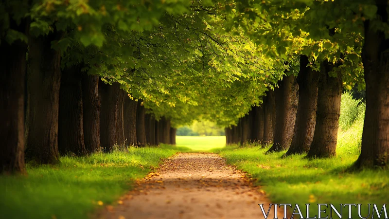 Sunlit tree-lined path invites a peaceful walk outdoors