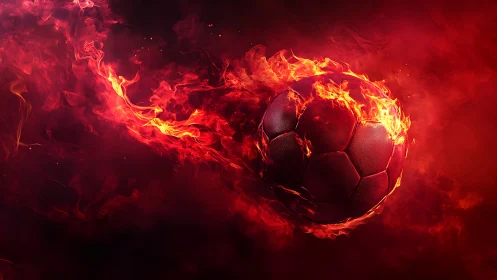 Soccer ball is rendered engulfed in directional flames midair