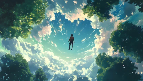Lone figure ascends through glowing sky framed by trees