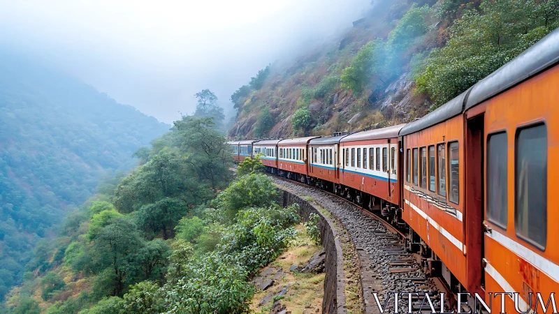 Curving mountain railway convoy in mist-laden forest corridor.