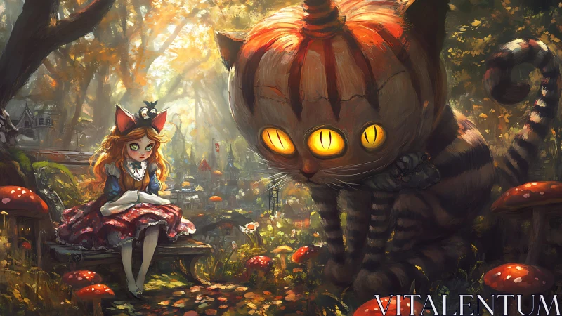 Young girl encounters massive grinning cat in enchanted forest.
