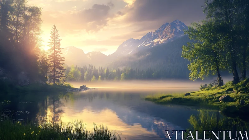 Mountain lake reflects misty forest and sunrise light
