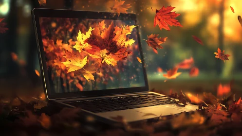 Laptop screen glows with swirling golden autumn leaves.