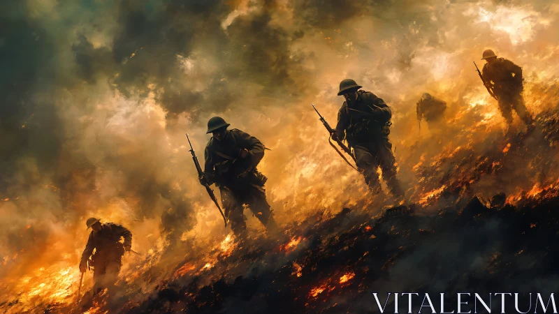 Soldiers Advancing Through Inferno Combat Landscape.