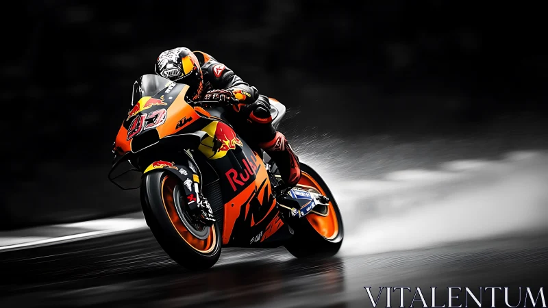 Racing superbike cuts through wet track in dramatic motion blur