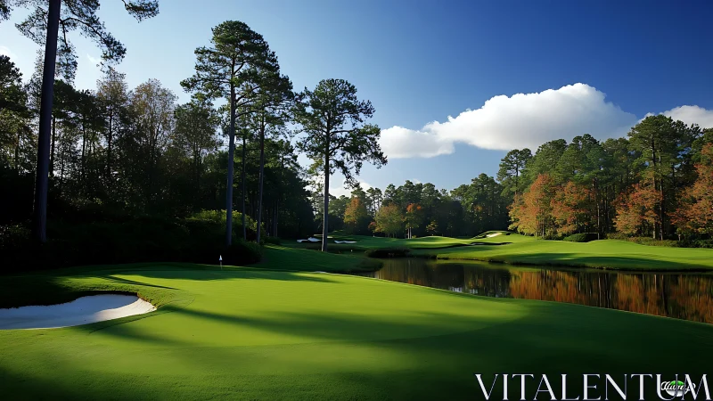 Sunlit golf course fairway beside calm reflective water.