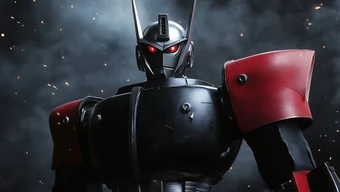 Stoic battle robot standing strong in a storm of sparks.