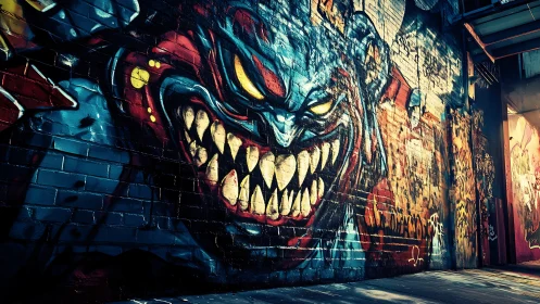 Snarling alley demon grins across a neon-dripped brick wall.