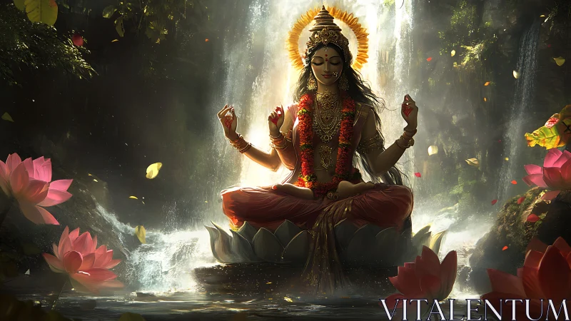 Hydrodynamic lotus meditation with radiant multi-armed deity.