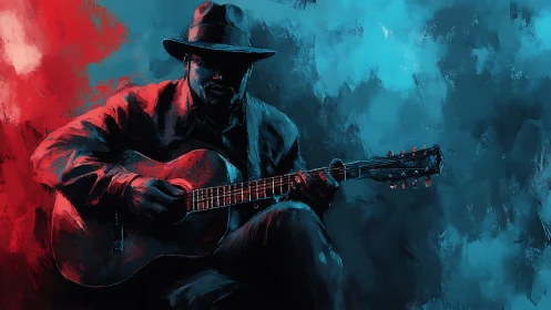 Guitar player sits in mixed red and blue digital lighting