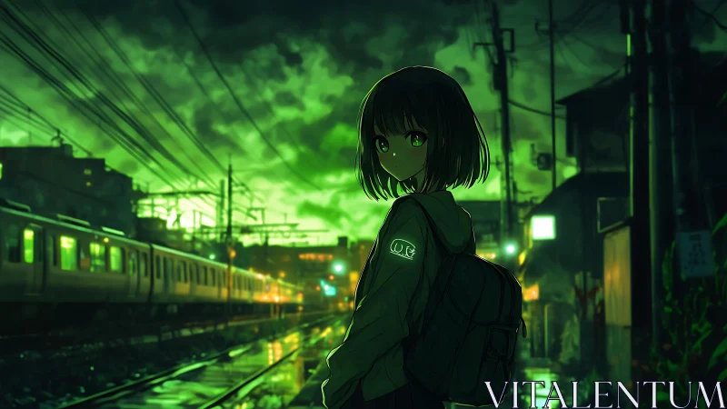 Girl at neon green railway platform in rainy night scene.