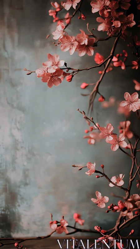 Cherry Blossoms Branch Against Textured Gray Wall
