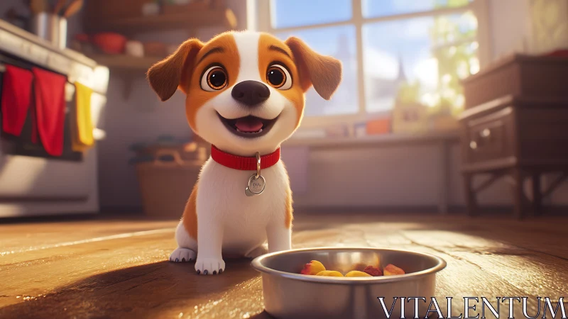 Playful puppy in warm kitchen light with food bowl focus.