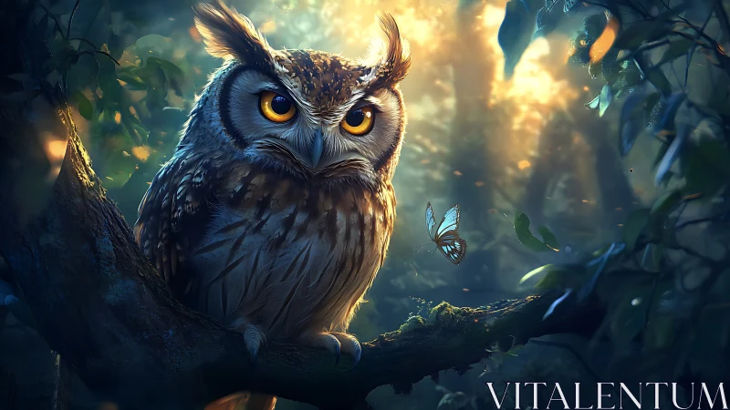 Majestic Owl in Enchanted Forest at Dawn, Fantasy Digital Art.