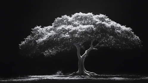 Solitary tree rendered in dramatic monochrome backlighting