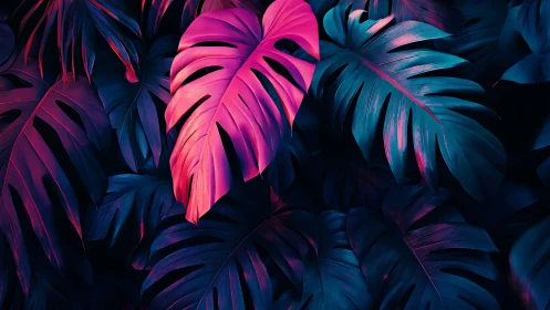 Neon jungle leaves glow in electric magenta and deep cyan.