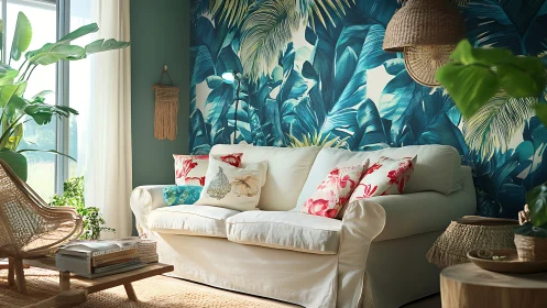 White sofa in tropical themed living room with bold wallpaper