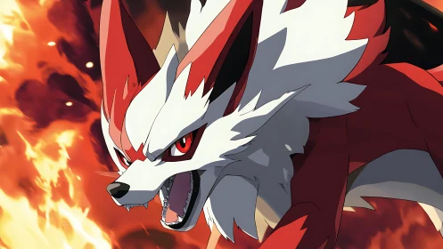 Fiery red wolf lunges through flames with bold resolve.