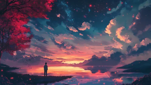 Stargazing at the ember-lit shore of a painted twilight sky.