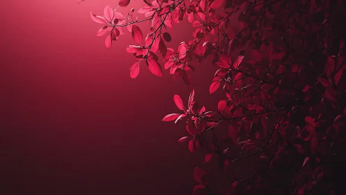 Vibrant red foliage against dramatic gradient background, minimalist style.
