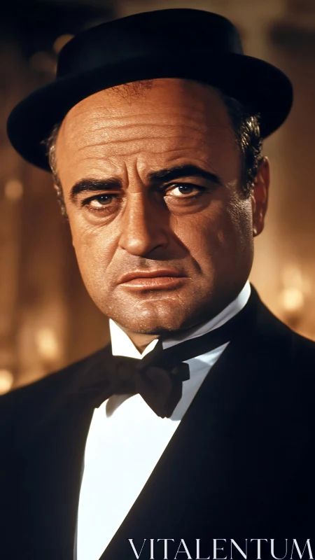 Stoic gentleman in formal black tie gazes with grave intensity