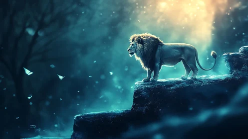 Majestic lion surveys a glowing dreamlike twilight cliff
