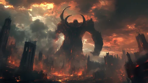 Colossal horned demon over blazing ruined cityscape.