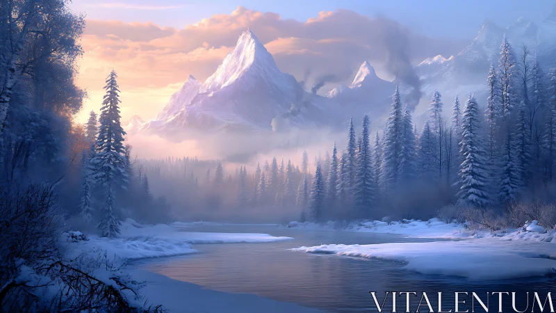 Glacial river basin under alpenglow-illuminated alpine massif.