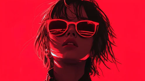 Neon-lit portrait isolates cool sunglasses against crimson field.