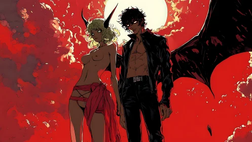 Moonburned demon lovers stride through a bloodred sky.