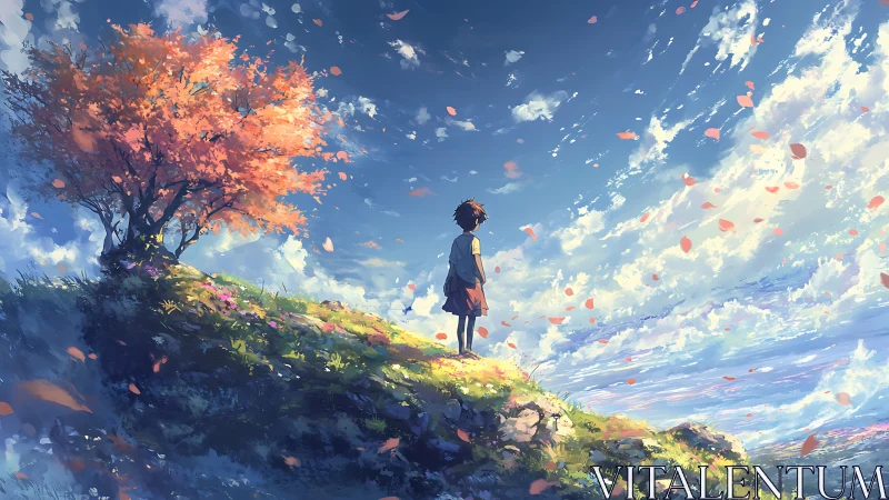 Child under windblown sakura on sunlit cliff horizon.