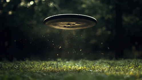 Shallow depth macro of levitating disc above sunlit grass