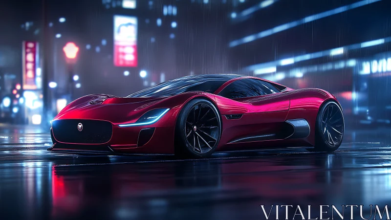 Sleek red supercar on wet neon city street at night.