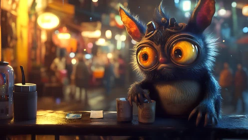 Wide-eyed night market creature sharing a quiet snack.