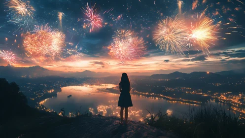 Girl watching fireworks over glowing lakeside city at dusk.
