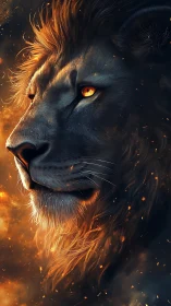 Fiery-eyed lion portrait rendered in high-contrast digital realism