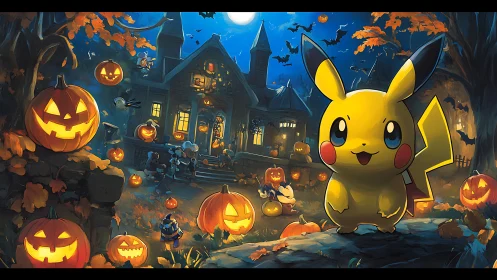 Pikachu stands in front of Halloween pumpkins and haunted house