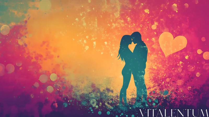 Silhouetted Couple Embracing Against Gradient Splatter Backdrop.