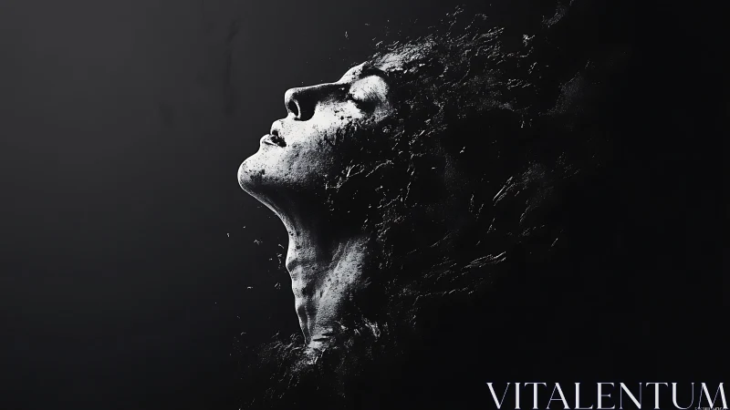 Shattered monochrome portrait dissolves into dark void.